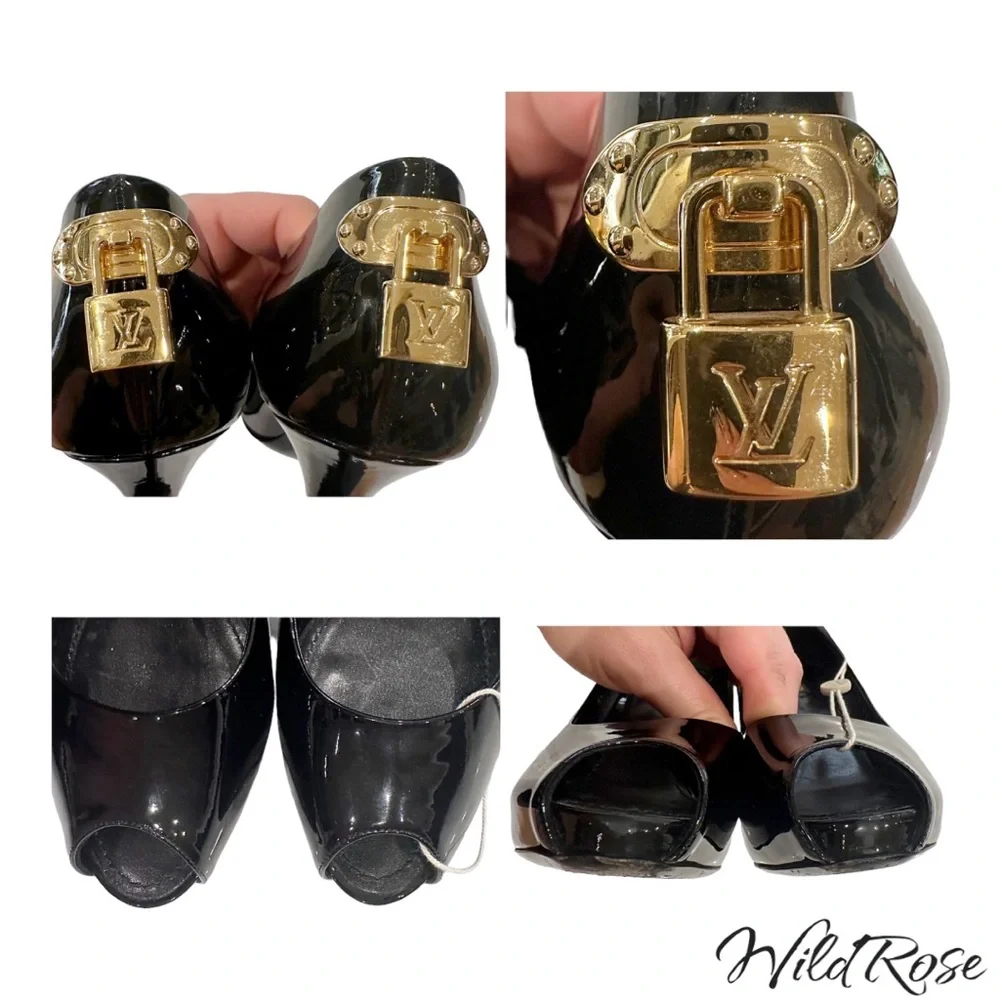 LOUIS VUITTON LV Gold Padlock Black Patent Oh Really Platform Peep Toe Pumps 38 - Picture 17 of 17